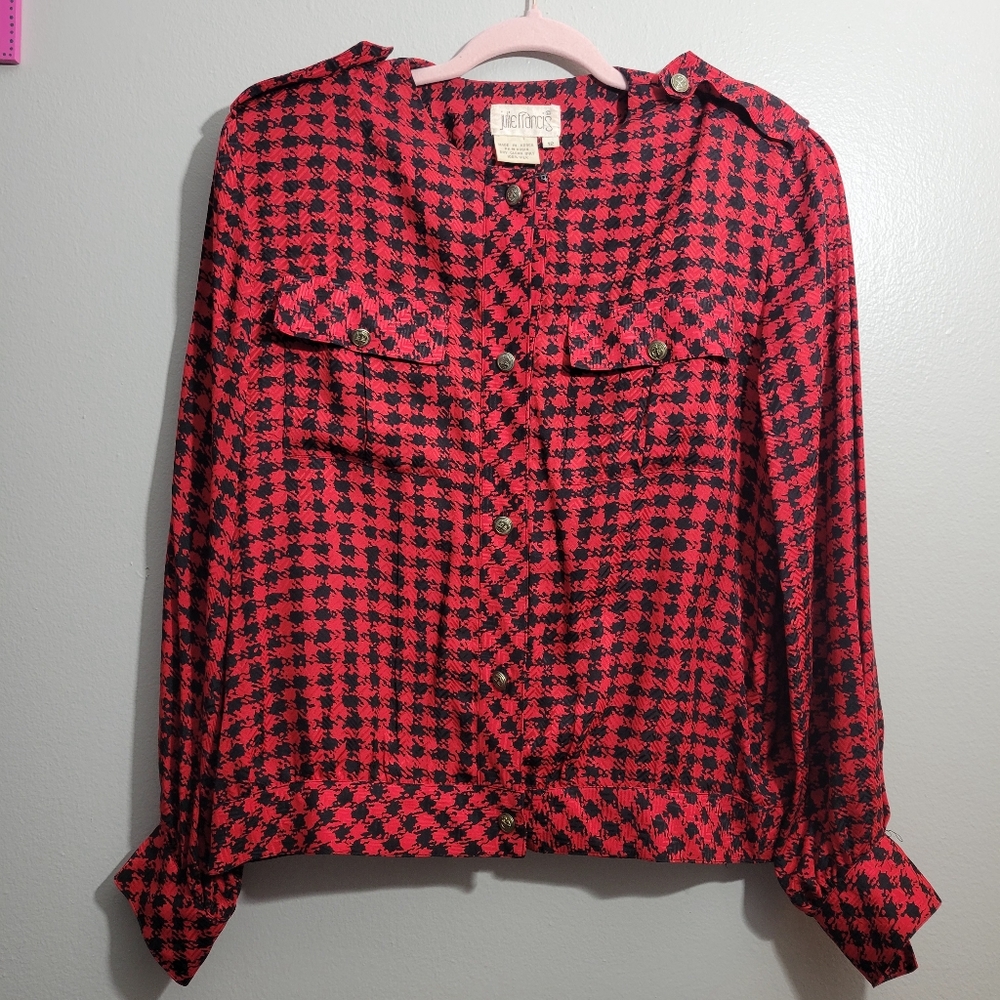 Julie Francis Red Gingham Long Sleeve Jacket 100% silk Size 12